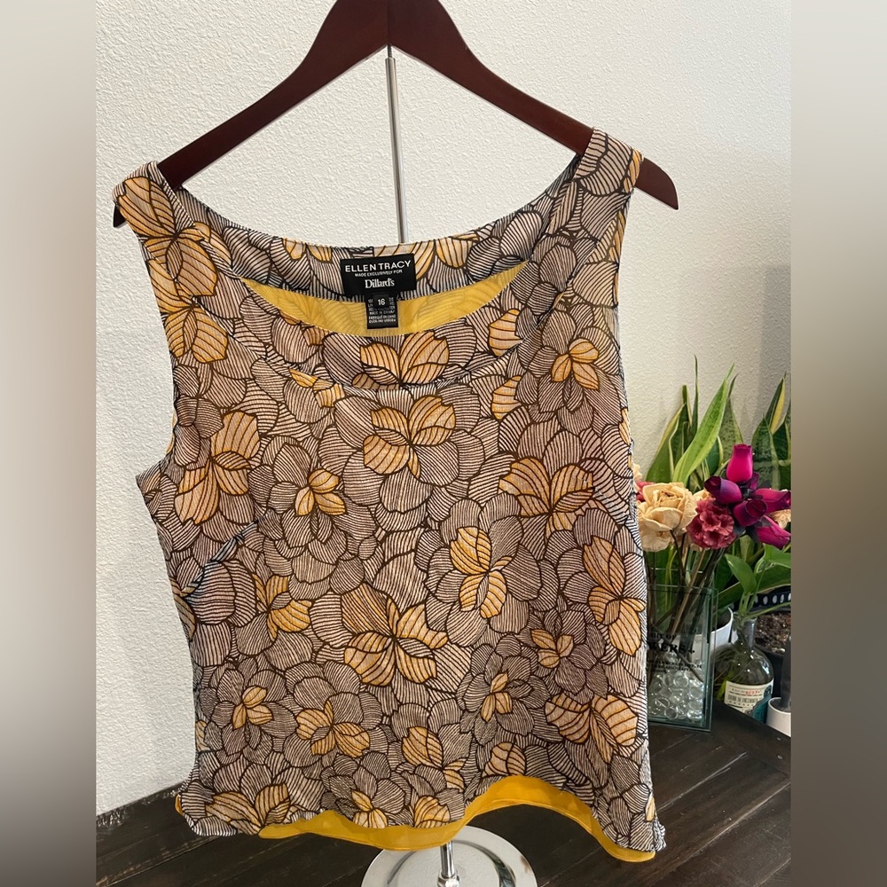 Ellen Tracy Yellow and Black Floral Blouse